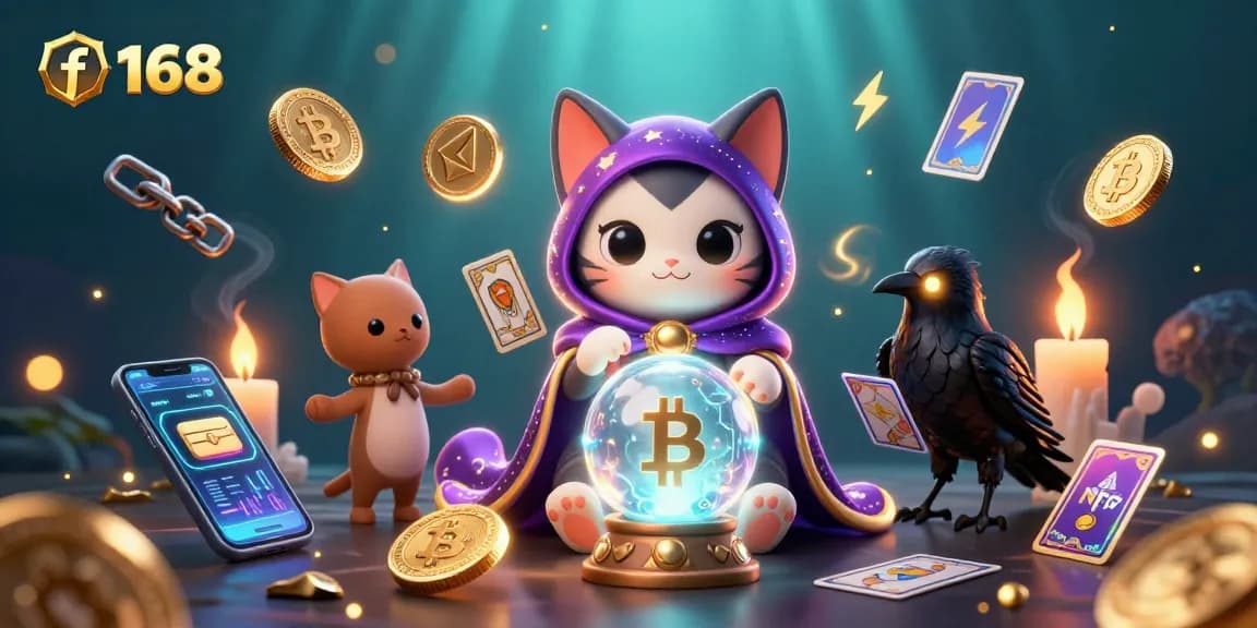 Experience the excitement of f 168 with mystical characters and glowing crypto elements in an engaging 3D casino scene.