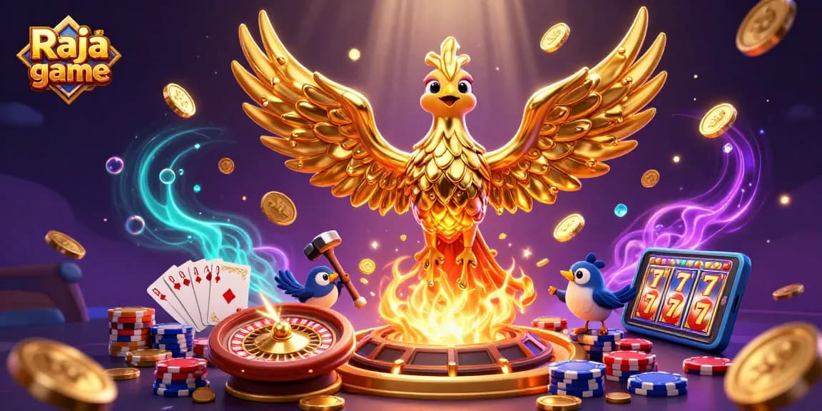 Engage in thrilling wins with Raja game featuring dynamic 3D visuals of rich casino elements and golden treasures.