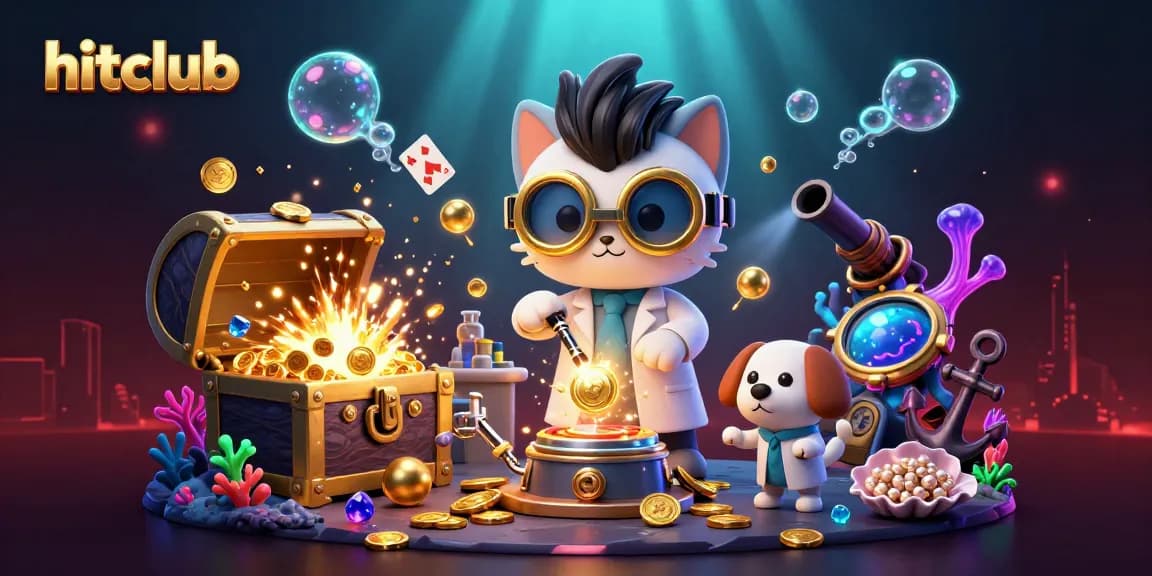 Hitclub's animated scene featuring a mad scientist cat and dog creating a gold-replication machine amidst casino-themed treasures.