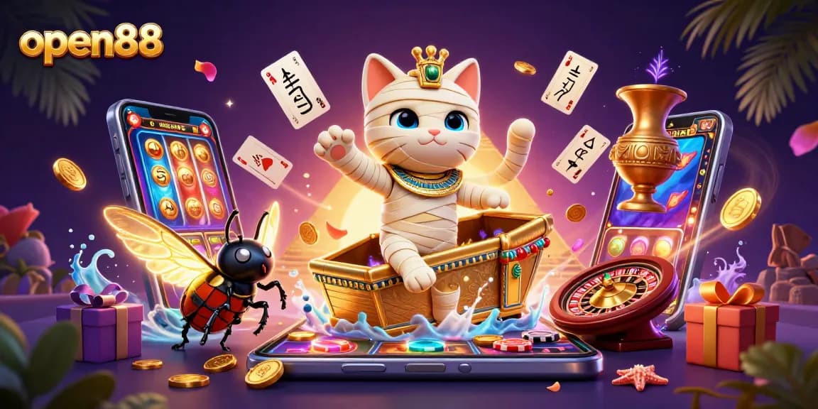Experience thrilling gameplay at open88 with a dynamic 3D Egyptian theme featuring slots and casino elements.