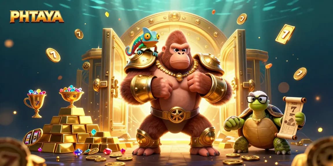 PHTAYA offers thrilling casino games, featuring a vibrant scene with a golden gorilla king and treasures.
