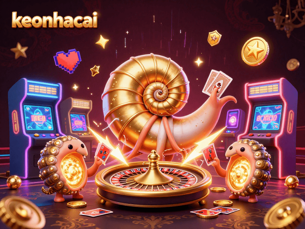 Engage with keonhacai's vibrant 3D casino world featuring a giant nautilus roulette wheel amidst glowing arcade game machines.