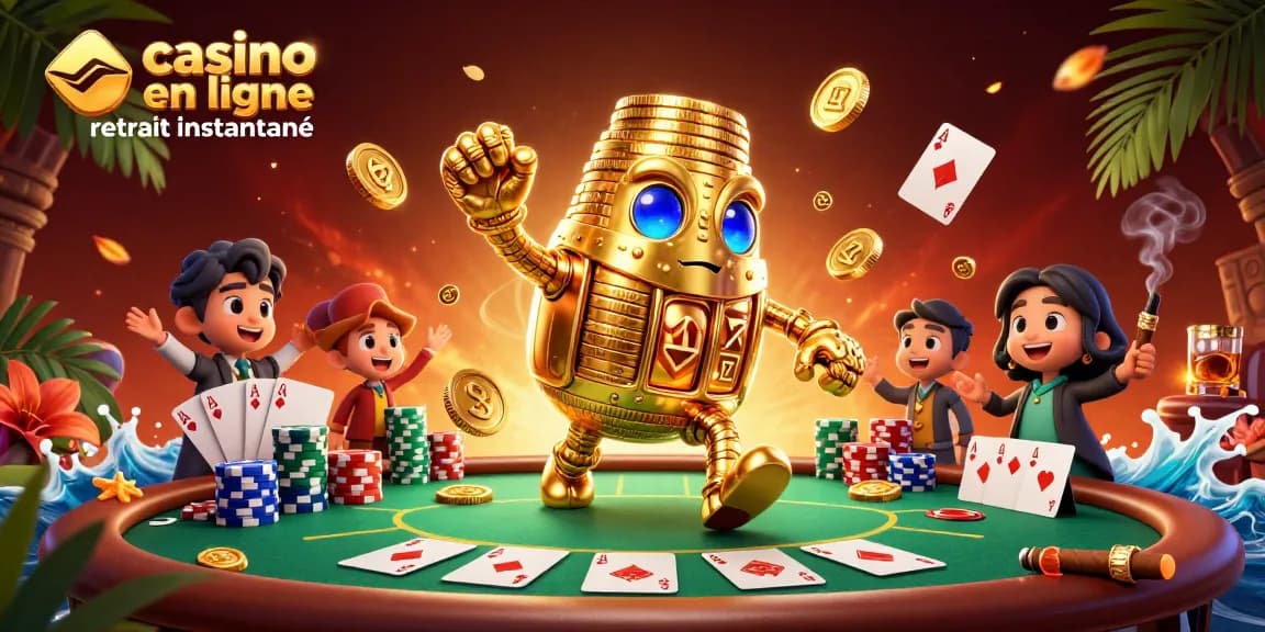 Le golem doré de casino en ligne retrait instantané brille parmi les jetons de poker et les cartes, offrant une ambiance riche.