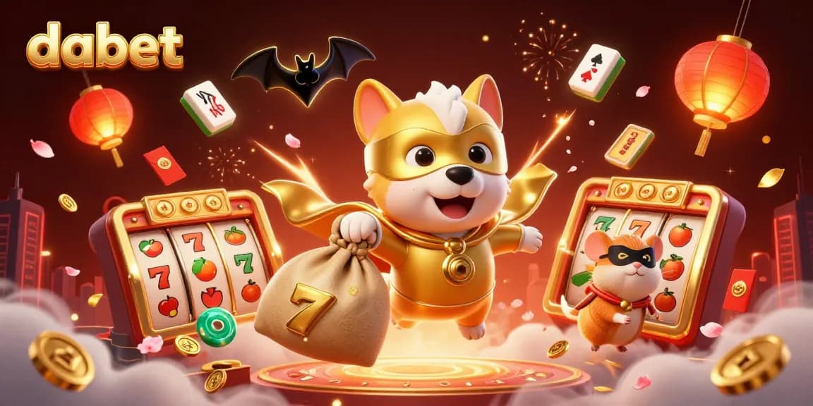 Dabet showcases a superhero dog and hamster in a vibrant casino-themed illustration, capturing the excitement of gaming.