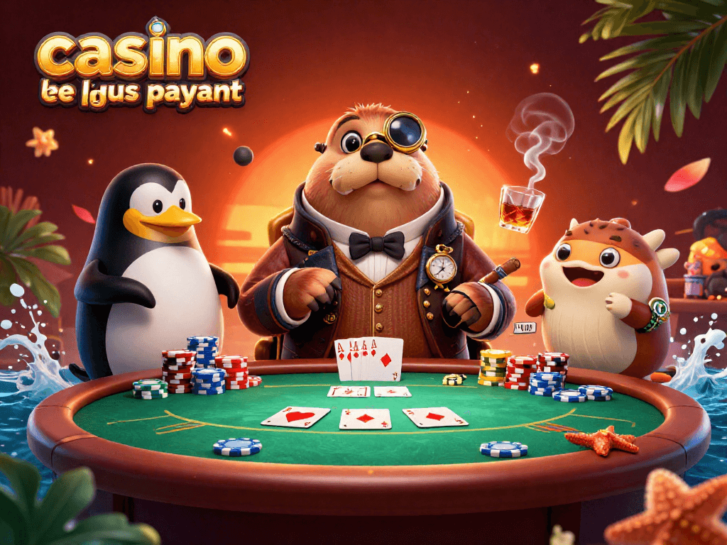 La scène montre un casino en ligne le plus payant avec un phoque joueur, un dealer pingouin et un poisson-globe bluffant.