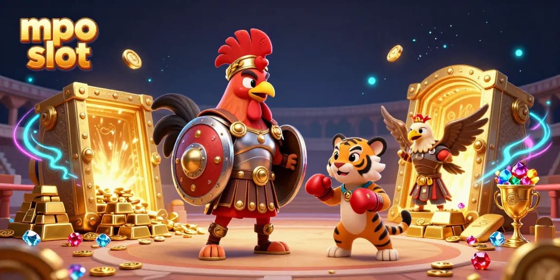 Engage in mpo slot excitement as a cartoon rooster and tiger cub discover treasure vaults in a dazzling casino scene.