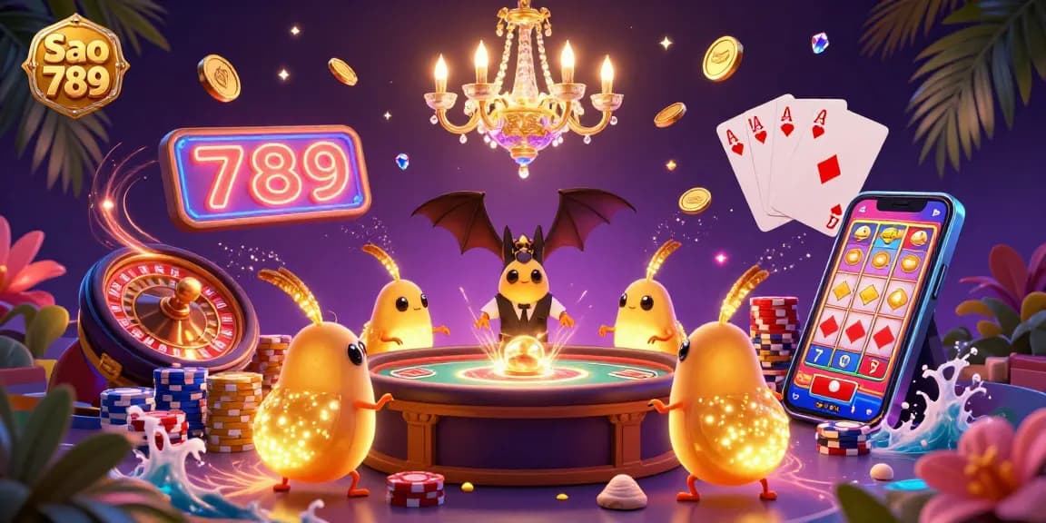 Sao 789 illuminates a vibrant cave casino with glowworms and a bat dealer, showcasing action and excitement.