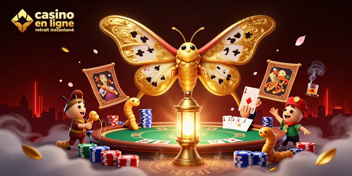 Admirez la scène dynamique de casino en ligne retrait instantané avec des cartes, jetons et un papillon majestueux.