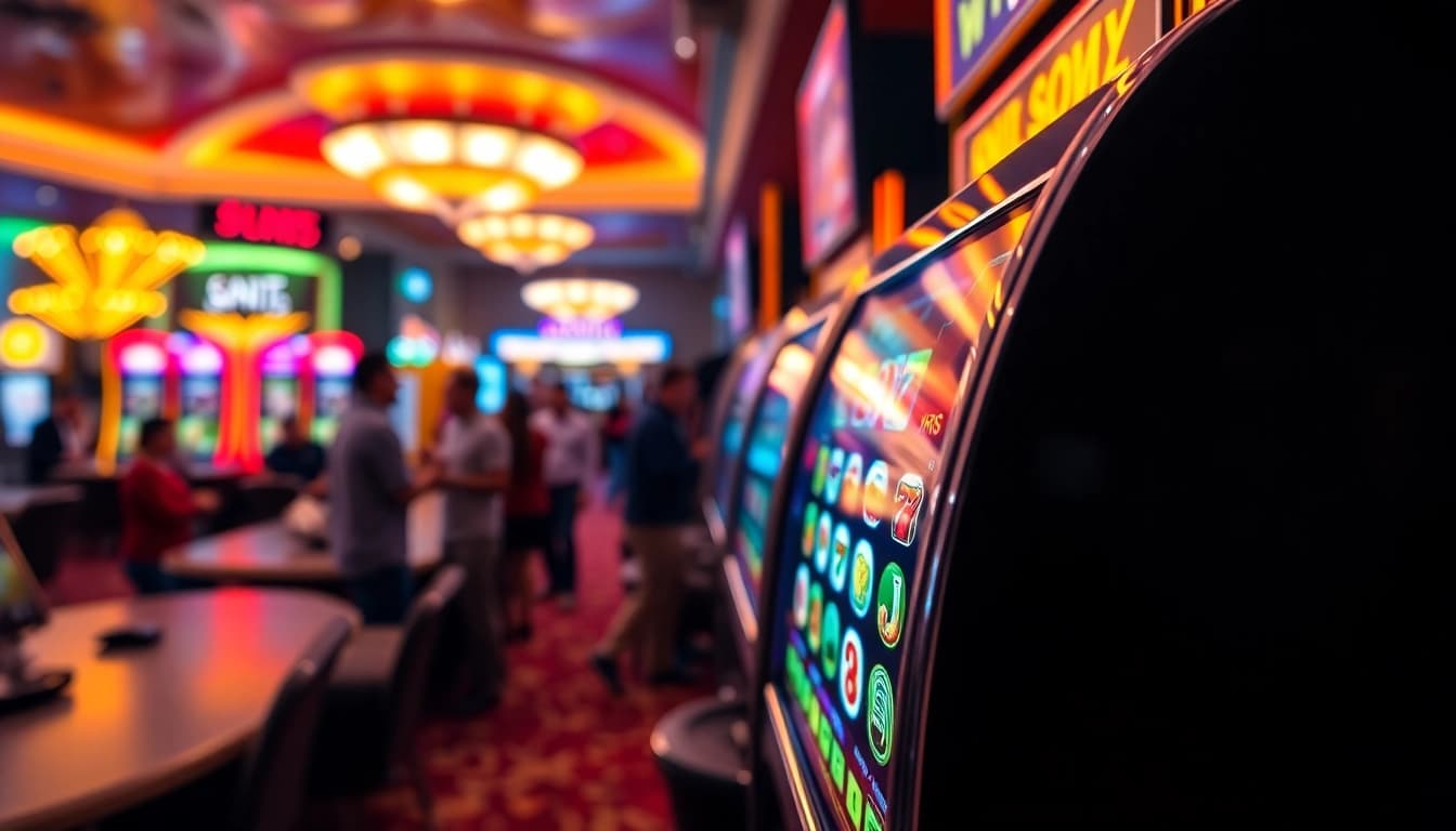 Experience slot gambling excitement with a colorful casino setting featuring dynamic slot machines.