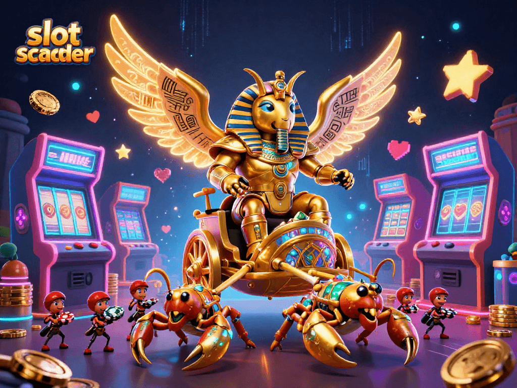 Experience thrilling slot scatter action with a golden scarab in a vibrant casino scene.