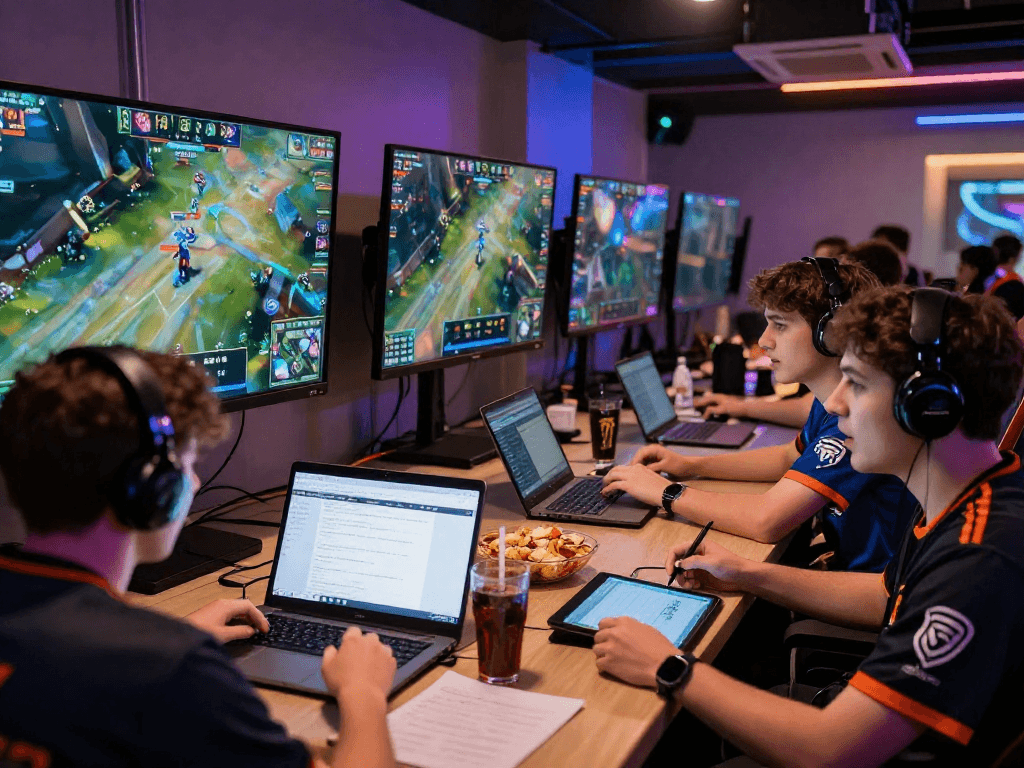 Esports betting scene with friends analyzing stats and betting on 롤토토.