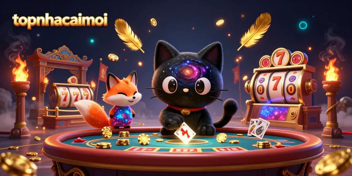 Engage with topnhacaimoi at a cosmic casino table, where a black hole cat gathers golden chips amidst vibrant cosmic elements.