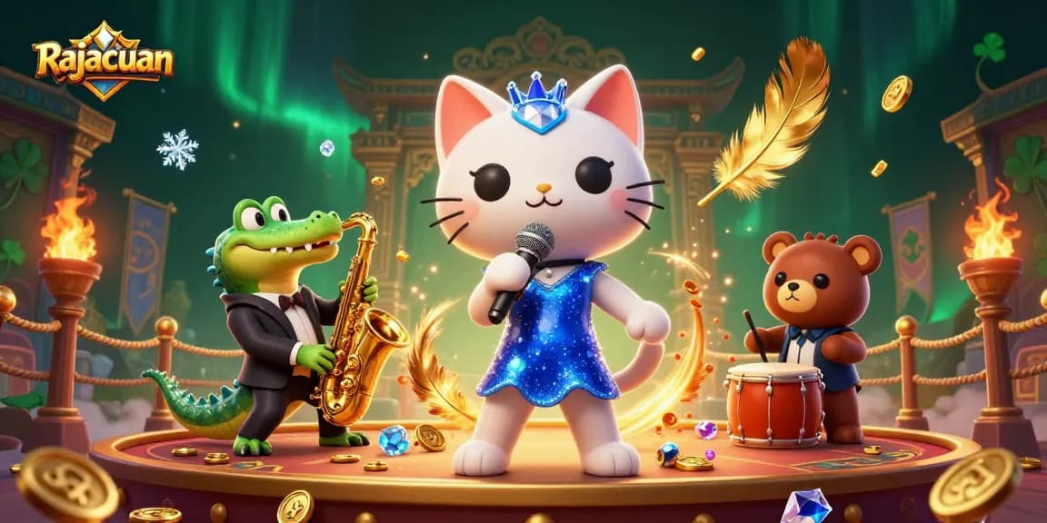 Experience the thrill of Rajacuan with a 3D illustration featuring a lively casino scene with vibrant characters.