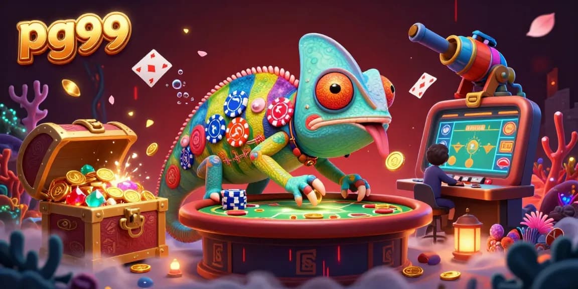 Adventurous playtime at pg99, a chameleon casino owner interacts with lively games and treasures.