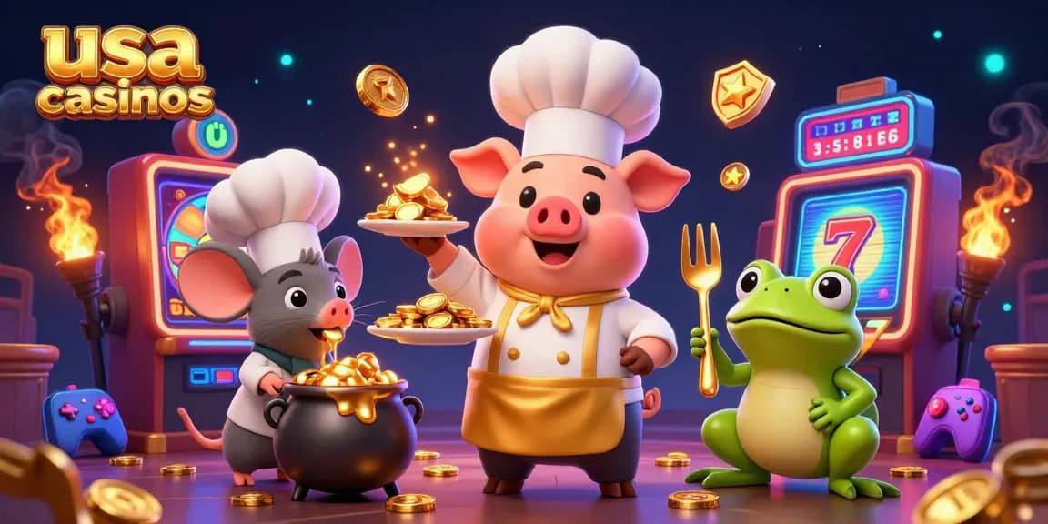 Engage with usa online casinos as a chef pig serves gold coins in a vibrant gaming scene.