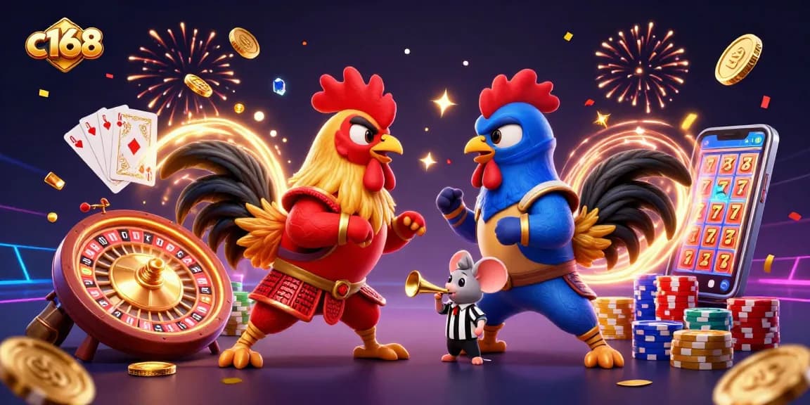 Experience thrilling action in c168’s dynamic betting arena featuring fighting roosters and casino elements.