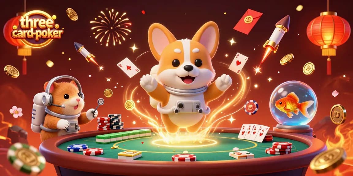 Engage with three-card-poker in a vibrant cosmic casino scene featuring animated corgi and hamster