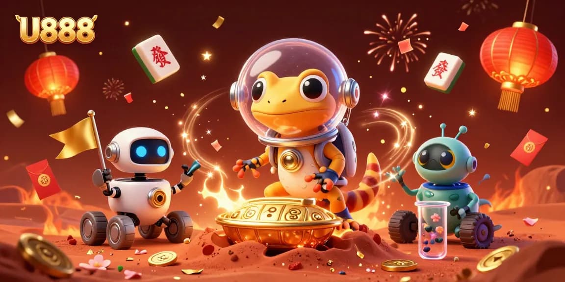 Experience thrilling gaming at U888, featuring a lively 3D scene with joyful characters and vibrant casino elements.