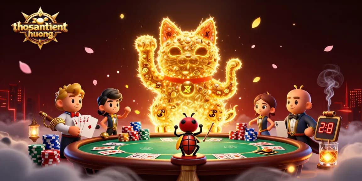 Thosantienthuong depicts a dynamic scene of a golden lucky cat formed by fireflies, showing vibrant casino elements.