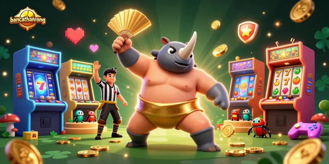 bancathanrong's vibrant 3D casino scene with a beetle sumo champion amidst slot game elements.