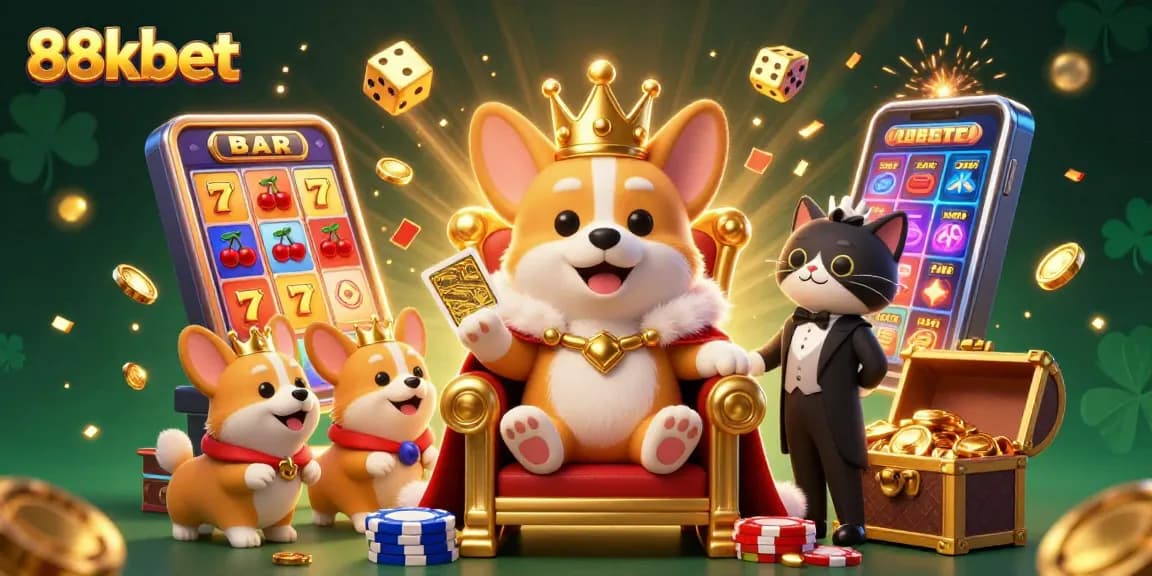 Experience the excitement of winning at 88kbet with animated jackpots, lively corgis, and colorful casino games.