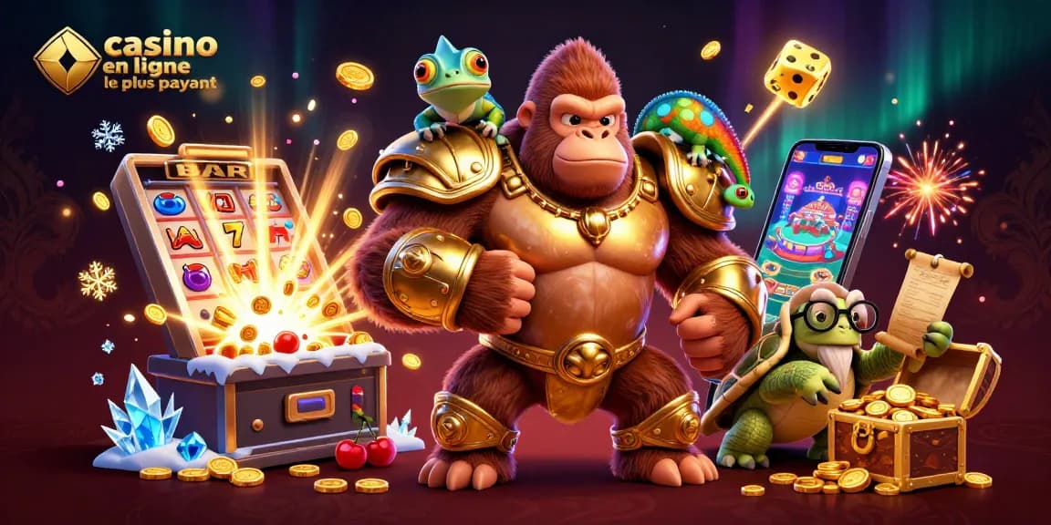 Jouer à des machines à sous avec le casino en ligne le plus payant, illustré par un gorille et des symboles chanceux.