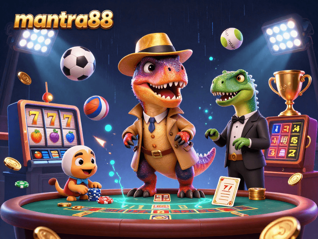 Immerse in mantra88's casino action, featuring a velociraptor card counter at a vibrant blackjack table.