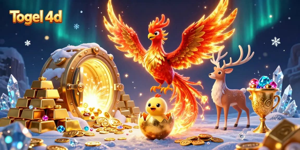 Togel 4d action scene depicting a blazing phoenix, stunning gems, and a treasure vault.