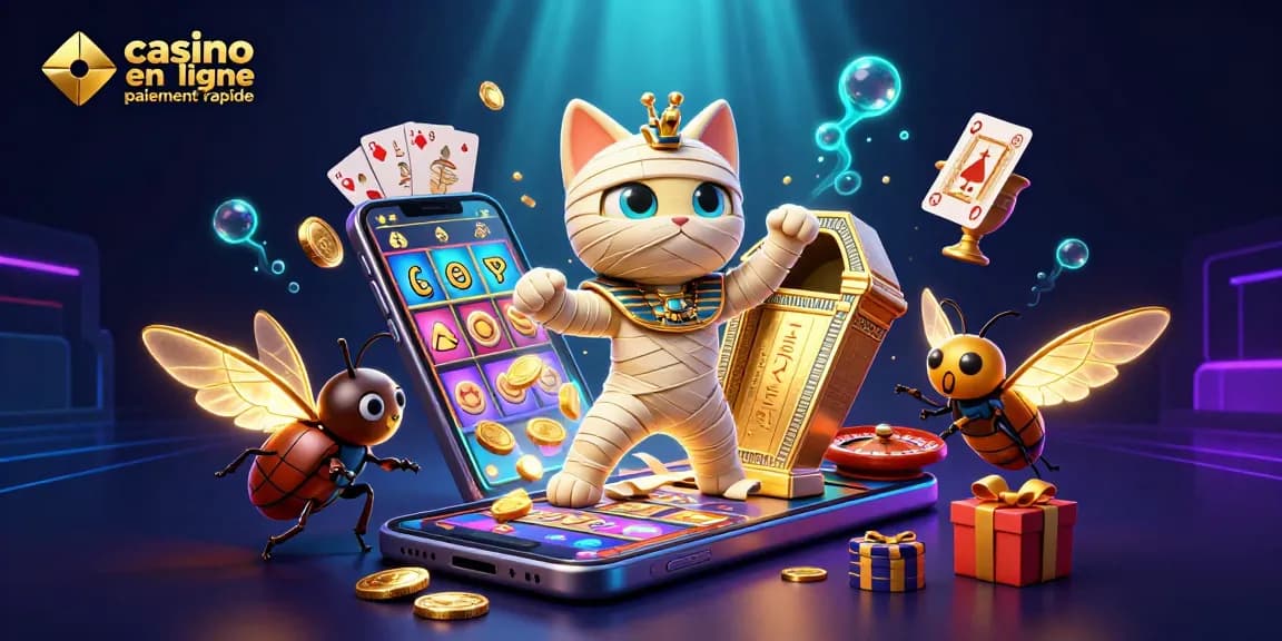 Profitez des retraits instantanés avec casino en ligne paiement rapide, illustré par un chat momie égyptien et des éléments de jeu.