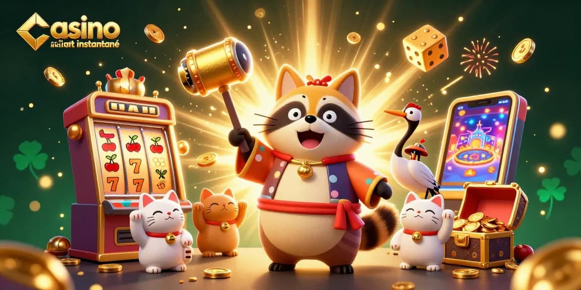 Profitez du casino en ligne retrait instantané avec nos personnages chanceux dans une scène animée.