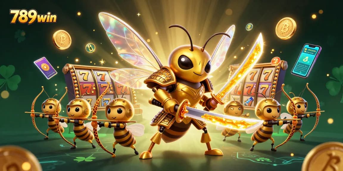 Experience thrilling gaming with 789win's giant hornet warrior and vibrant slot elements.