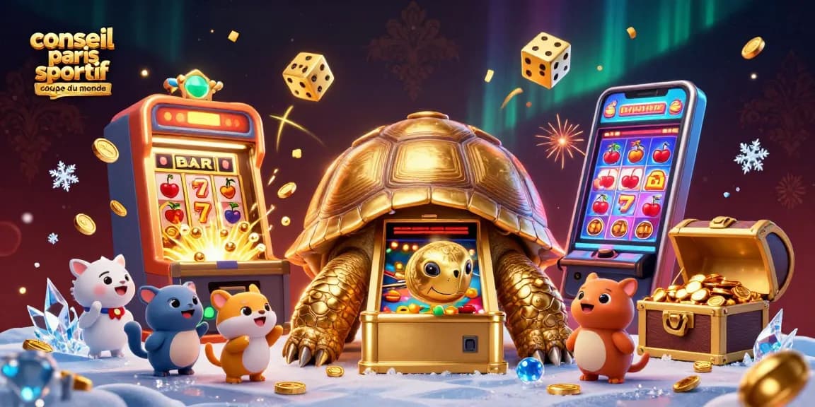 Conseil paris sportif coupe du monde en illustration d'une tortue géante dans un monde de jeu de casino dynamique.