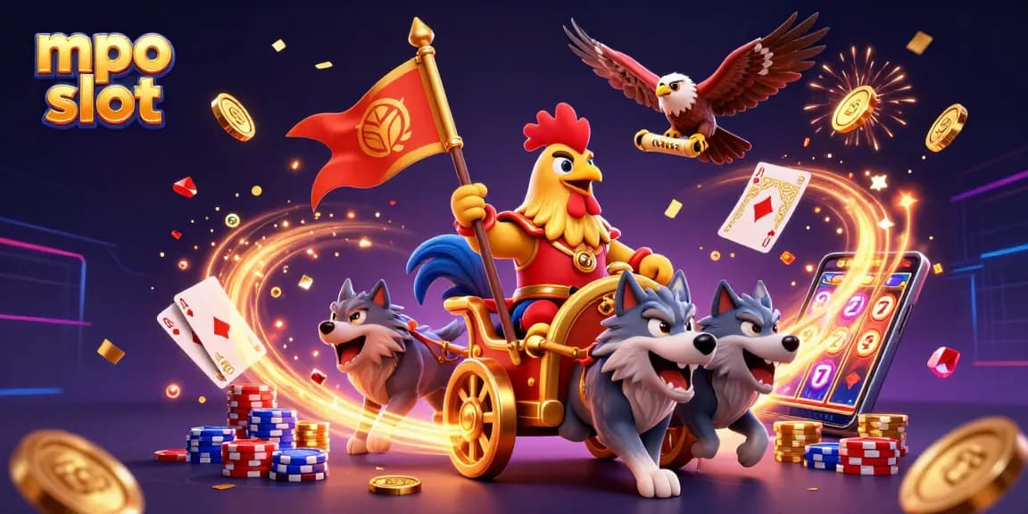 Engage with mpo slot in a vibrant scene featuring a rooster warlord, golden coins, and exciting game elements.