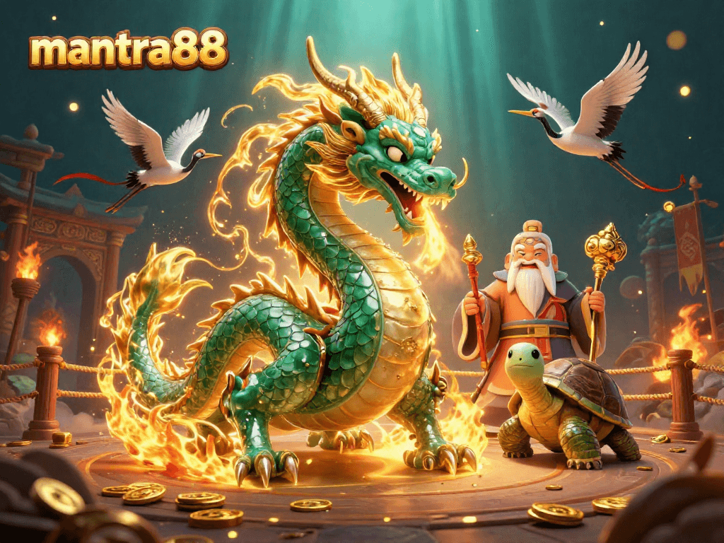 Experience the excitement of mantra88 with a vibrant casino scene featuring a jade dragon and lucky cranes.