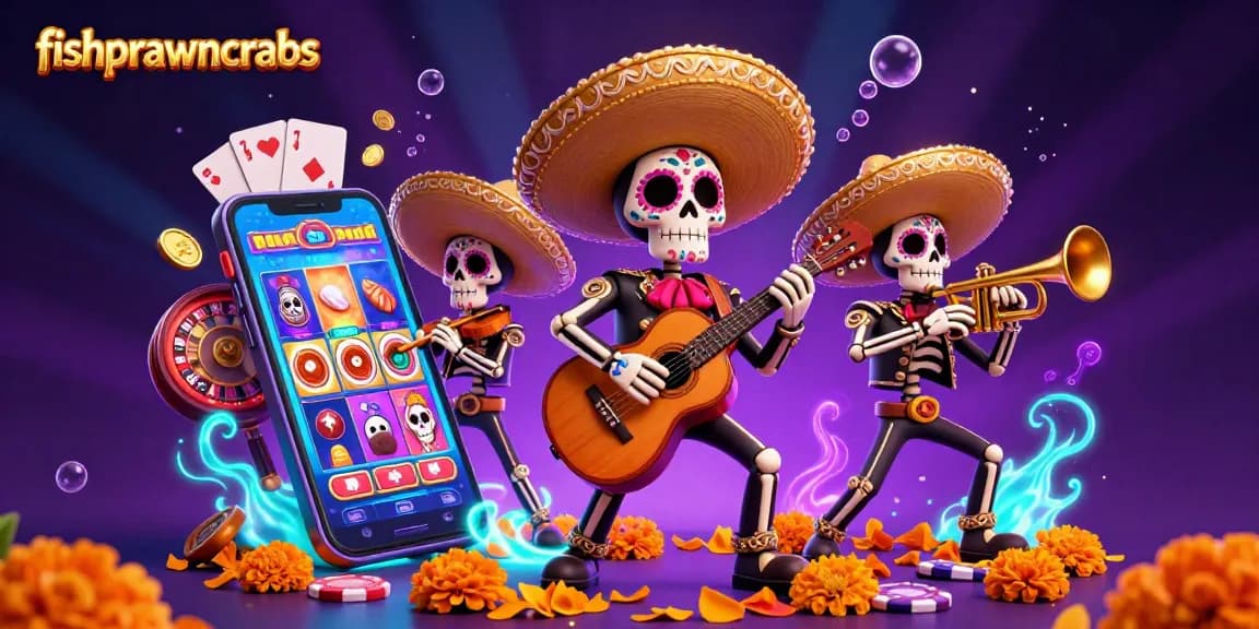 Engage in the thrilling fishprawncrabs action with vibrant sugar skull mariachi characters amidst dynamic gambling elements.