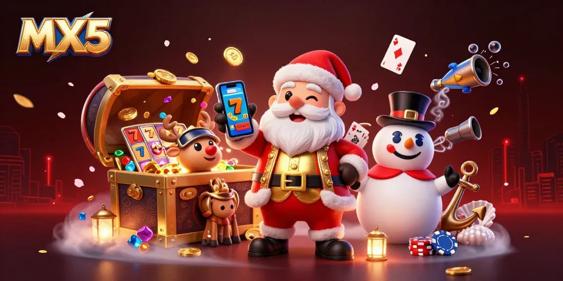 Experience the excitement at MX5 with Santa Claus enjoying jackpot slots in a vibrant casino scene.