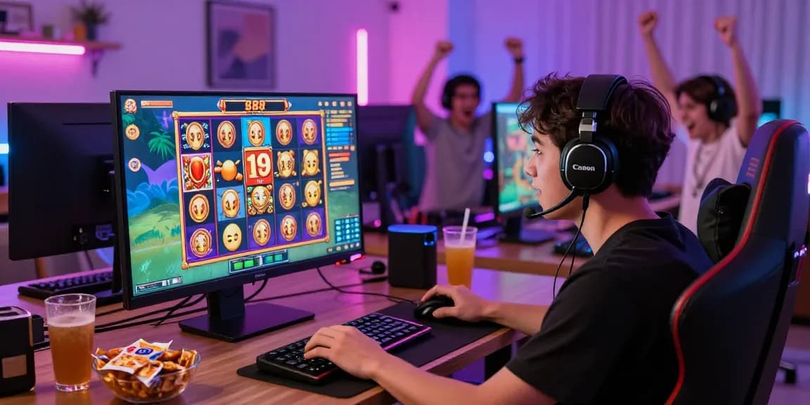 Excited player enjoying slot88 resmi games in a dynamic home gaming setup.