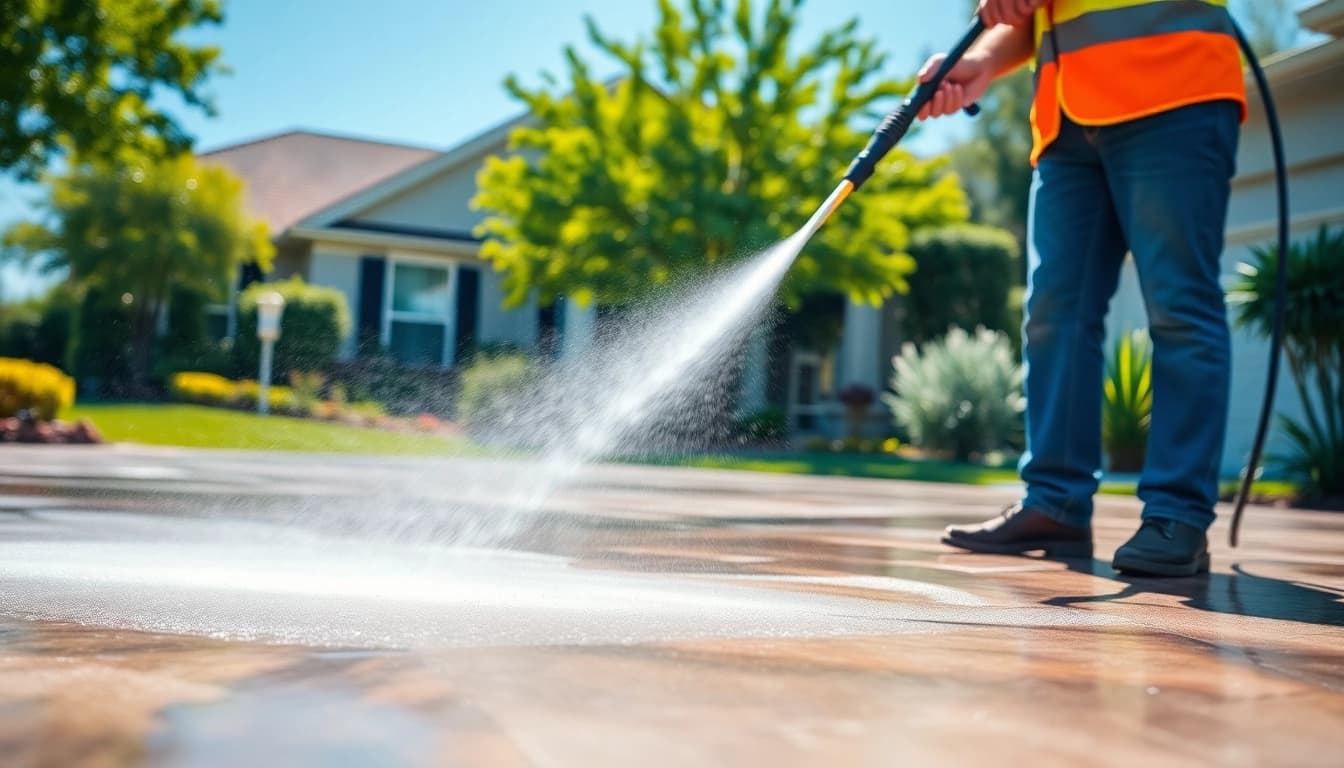 Driveway cleaning professional using a pressure washer on a residential driveway.