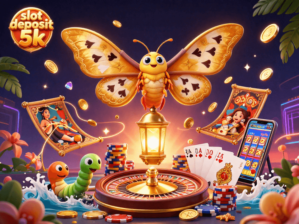 Bet on slot deposit 5k with vibrant 3D casino-themed elements and a majestic atlas moth.