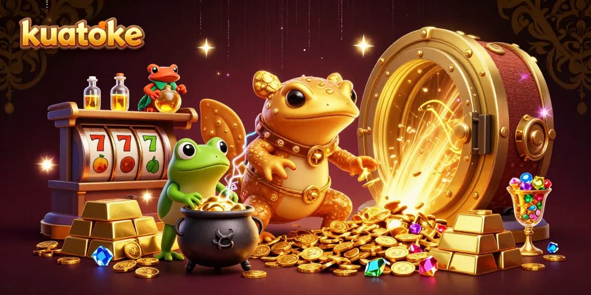 Kuatoke showcases a lively 3D casino scene with golden salamander alchemist, treasure, slot reels, and vibrant elements.