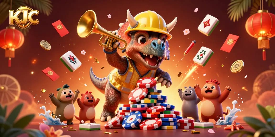 KJC attracts attention with a celebratory scene of a triceratops building poker chip pyramids surrounded by festive gambling elements.