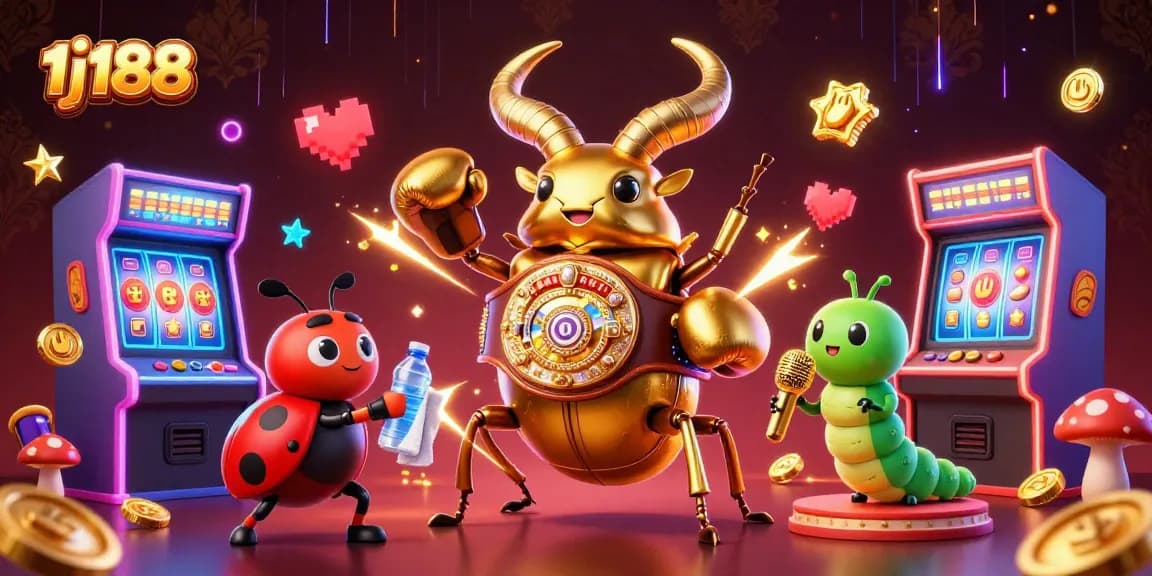 Experience a thrilling moment at 1j188, where a champion beetle contests amid colorful casino game elements.