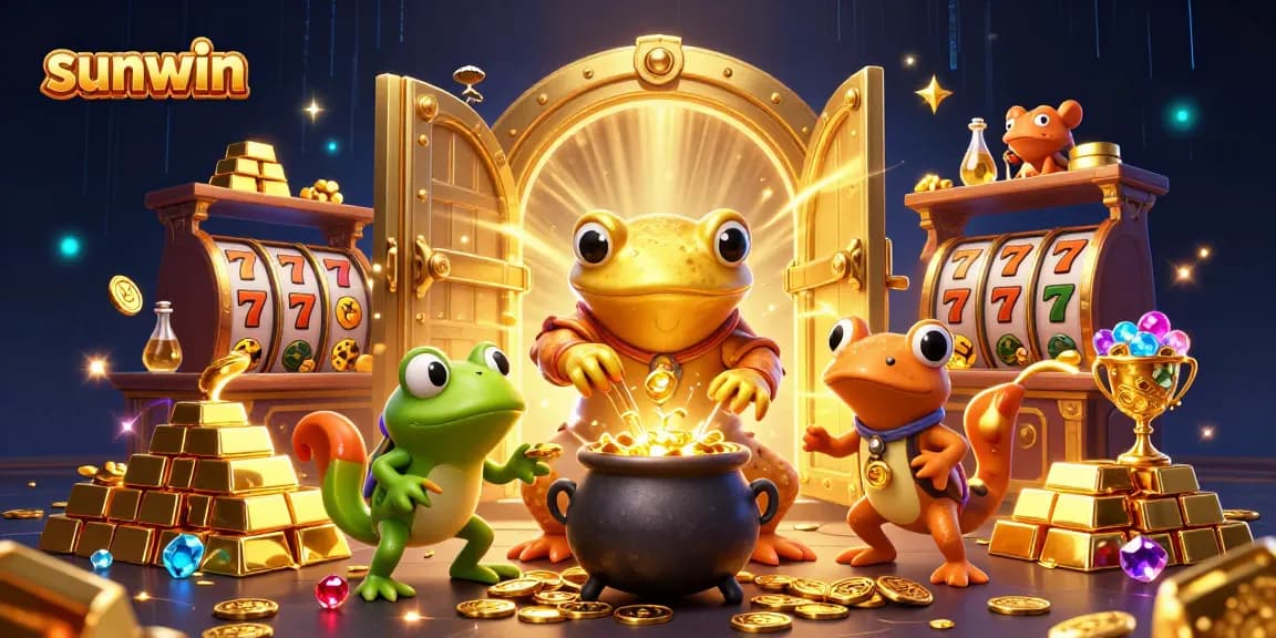 sunwin showcases a magical casino scene with a golden salamander, frog, and newts amidst gold and slot reels