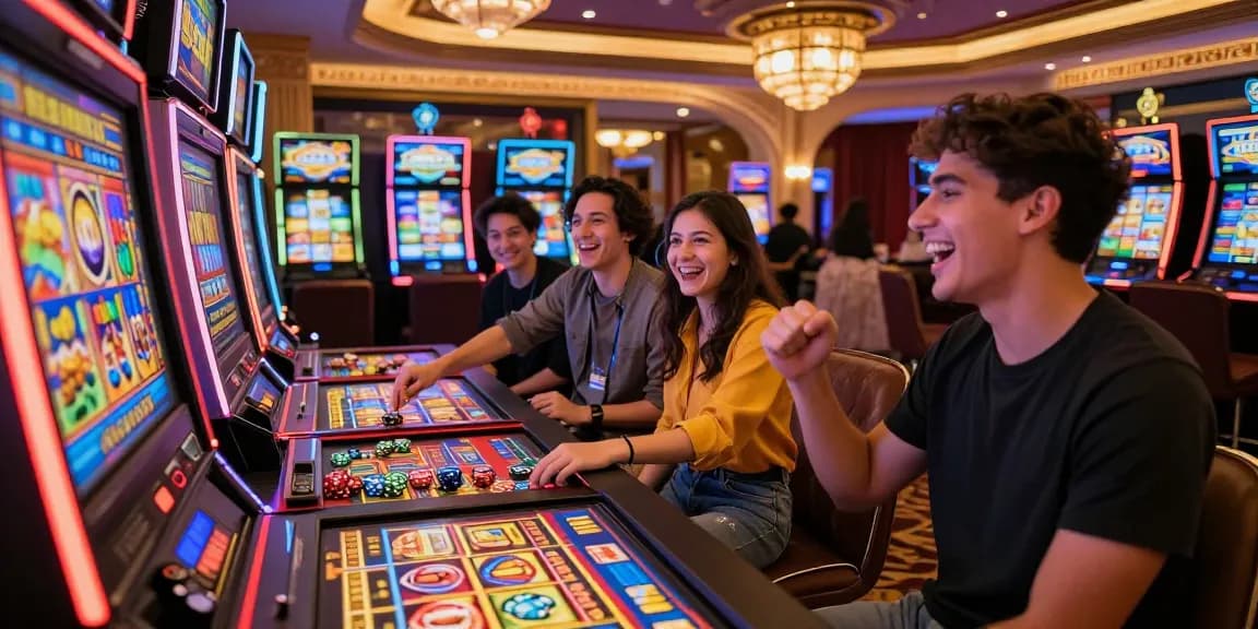 Excited players enjoying เกมสล็อต at a lively casino with vibrant lights.