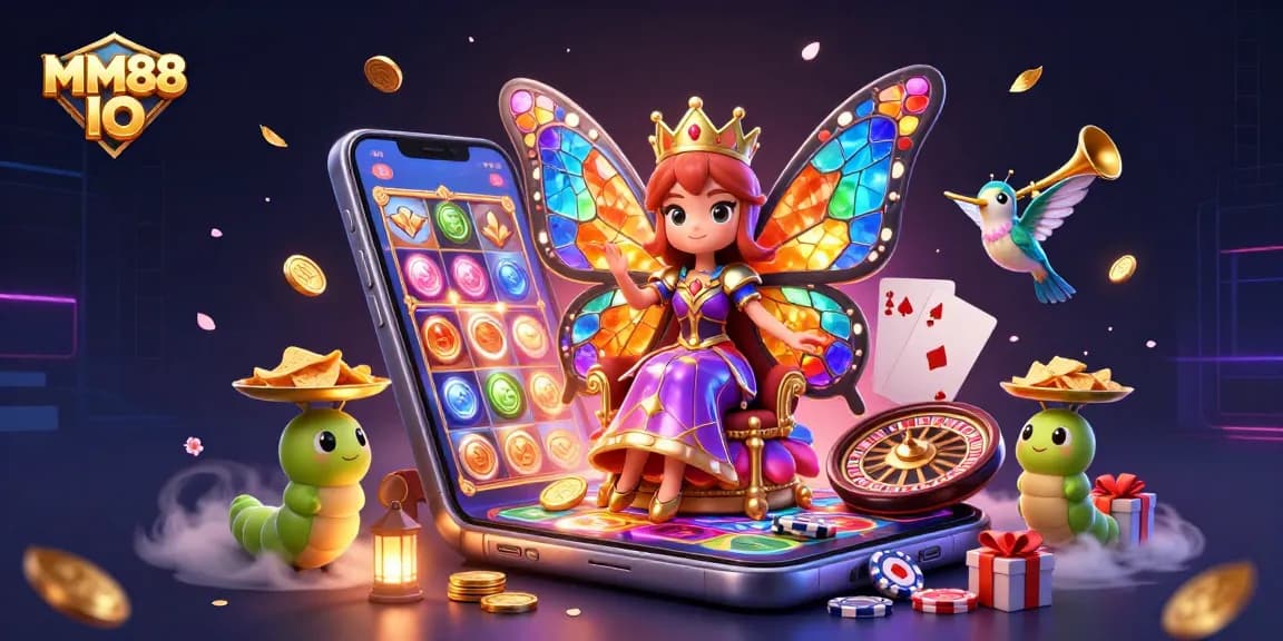 Experience MM88 IO's vibrant gaming scene with a butterfly queen and action-packed slot games.