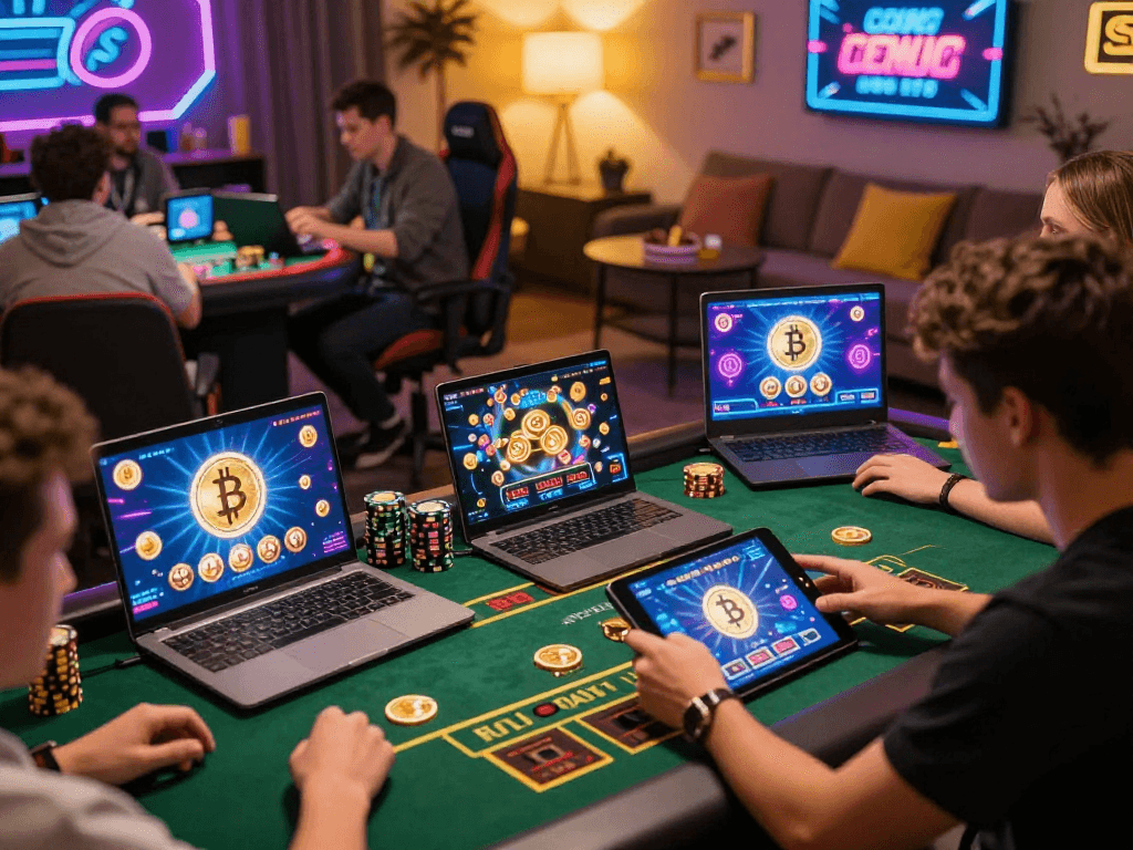 Players enjoying a thrilling crypto casino game in a vibrant home setup, highlighting excitement and engagement.