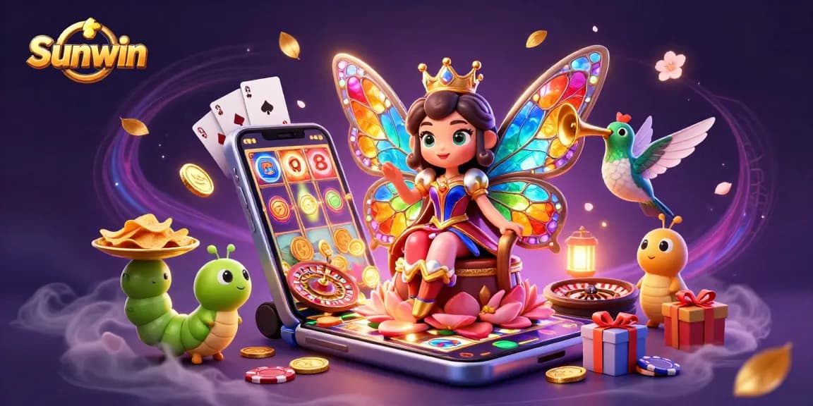 Play amazing slots at Sunwin while the butterfly queen reigns over a vibrant casino scene.