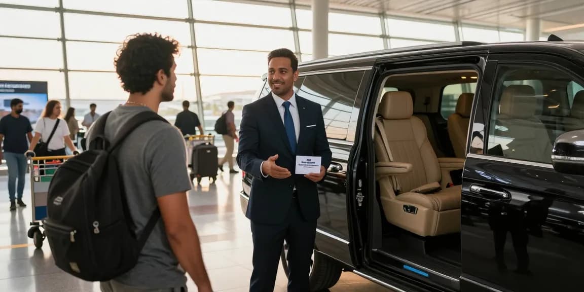 Airport Transfers Service Dubai with a chauffeur welcoming a traveler at the airport.