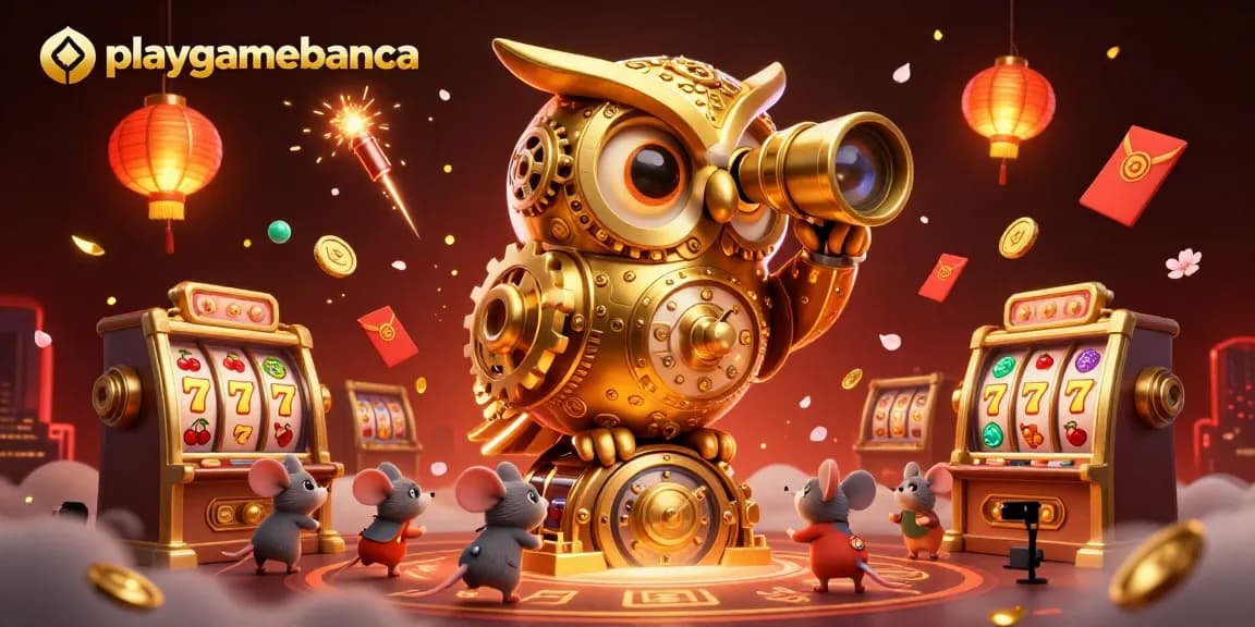 Experience the thrill of playgamebanca with a vibrant casino scene featuring a clockwork owl and spinning reels.