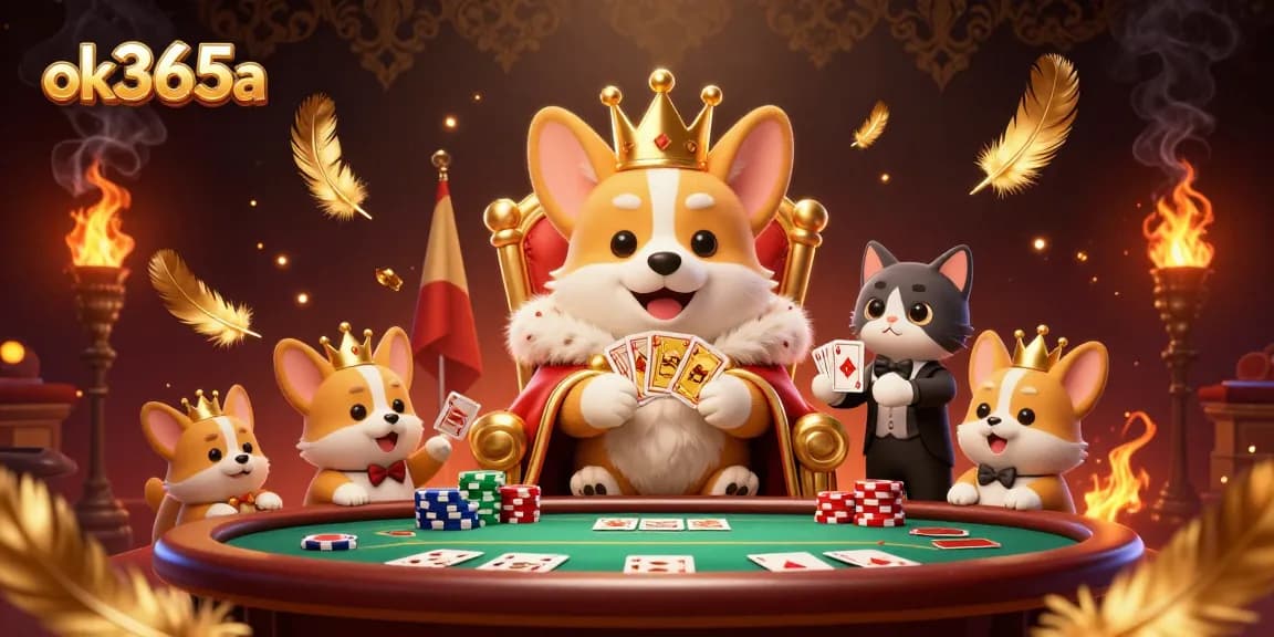 Experience exciting gameplay at ok365a with a regal corgi dealer presenting cards in a vibrant casino setting.
